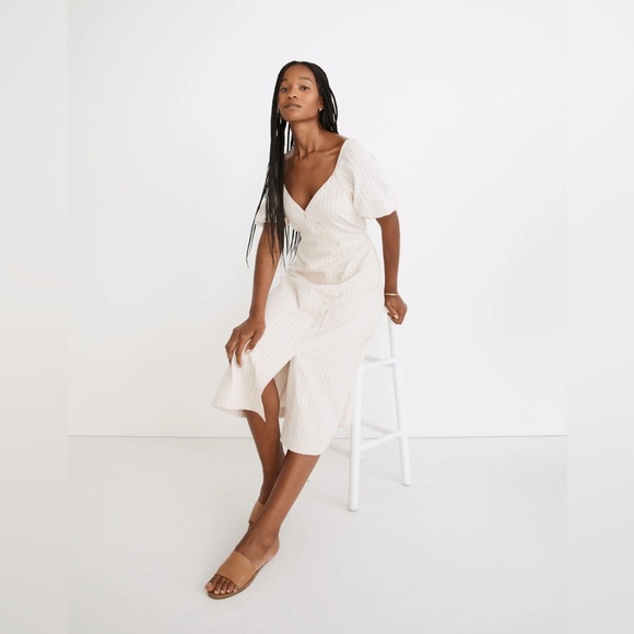 Madewell Puff-Sleeve Button-Wrap Midi Dress Stripes Cotyon Linen Blend 6 - Picture 1 of 7